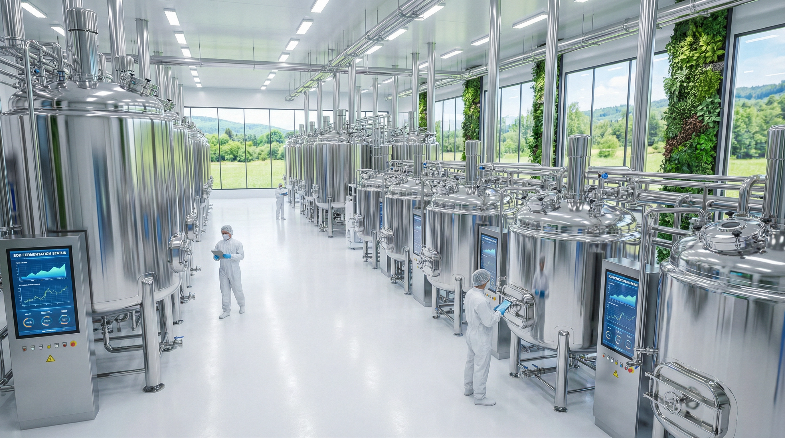 Factory interior with fermentation tanks and production equipment